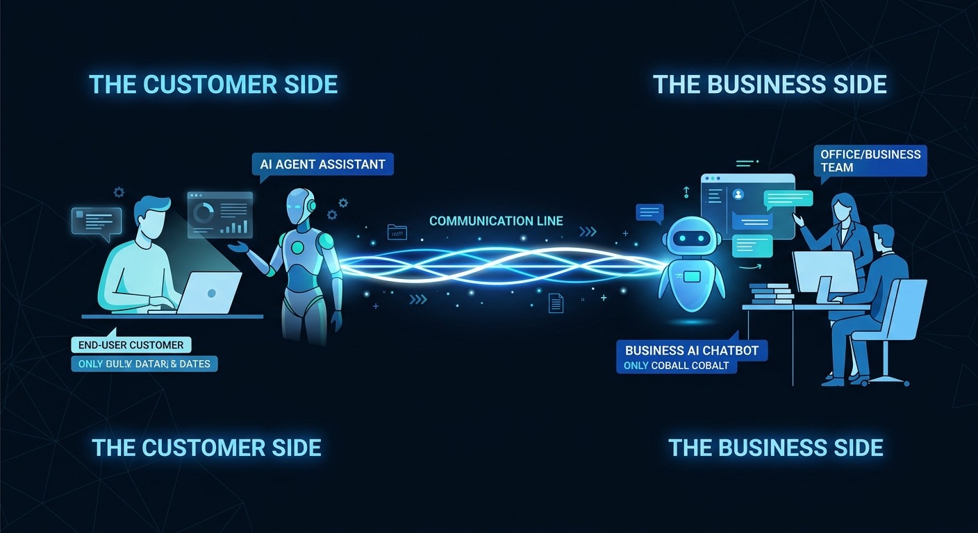 Minimalist illustration showing a customer with an AI agent assistant on one side, and a business with an AI chatbot on the other, connected by a glowing communication line, clean modern B2B style, dark background with orange and white accents, NO purple NO violet