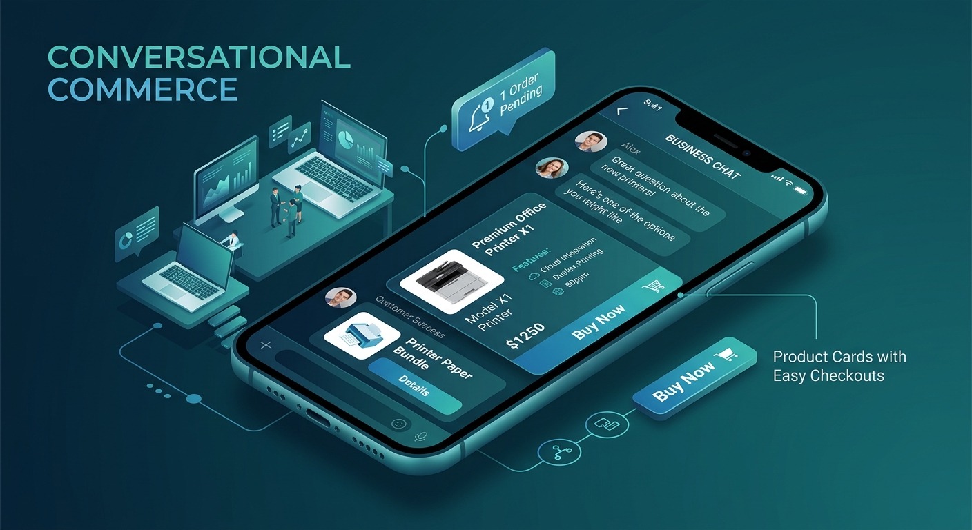 Conversational commerce illustration, smartphone showing chat with product cards and buy button, gradient modern style, dark teal tones, clean B2B aesthetic, 3D isometric perspective, NO purple, NO violet