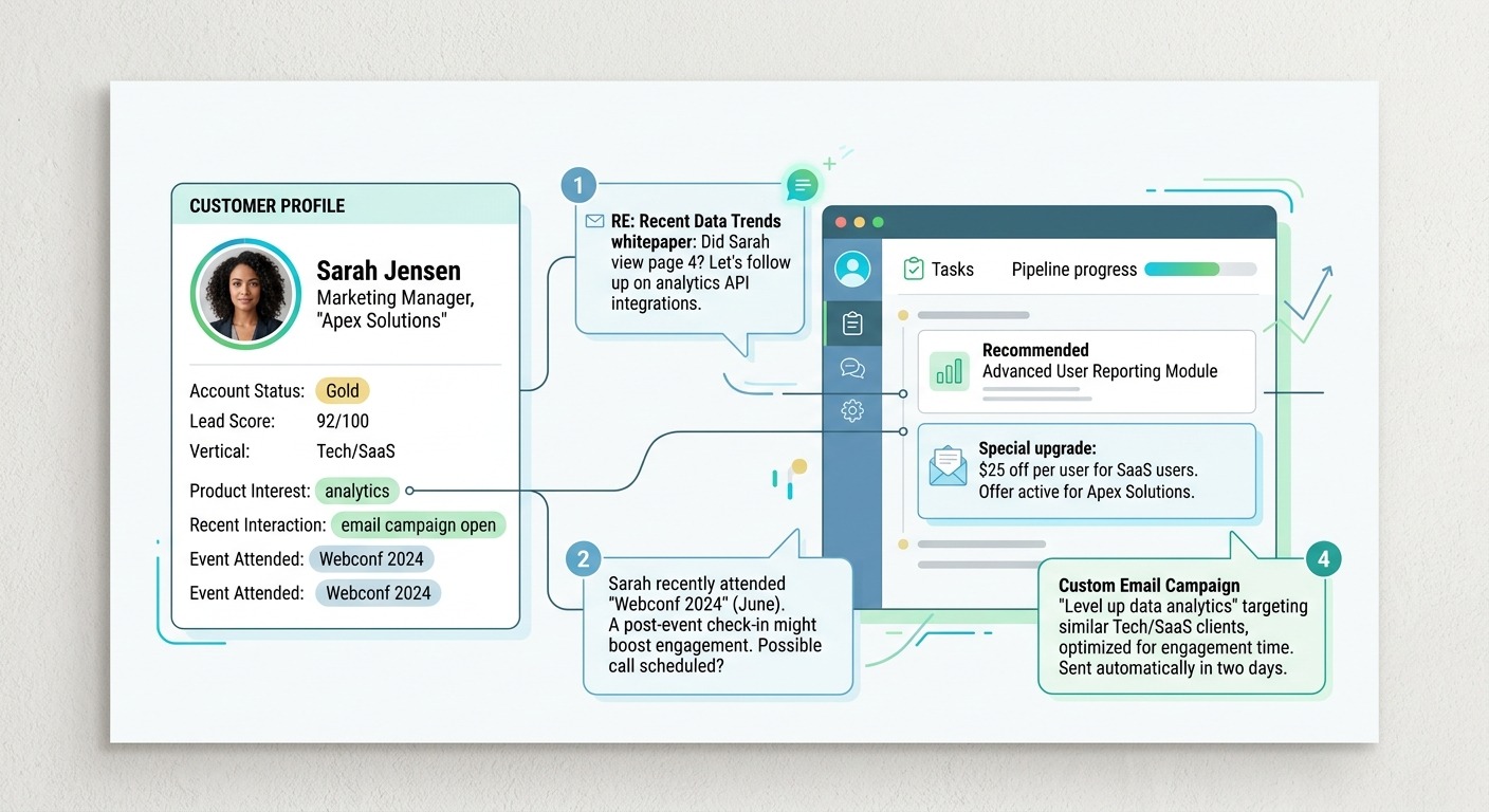 Personalization concept illustration, clean product style showing CRM profile card with personalized message bubbles, customer avatar with name and preferences visible, clean white color scheme, professional B2B aesthetic, NO purple, NO violet