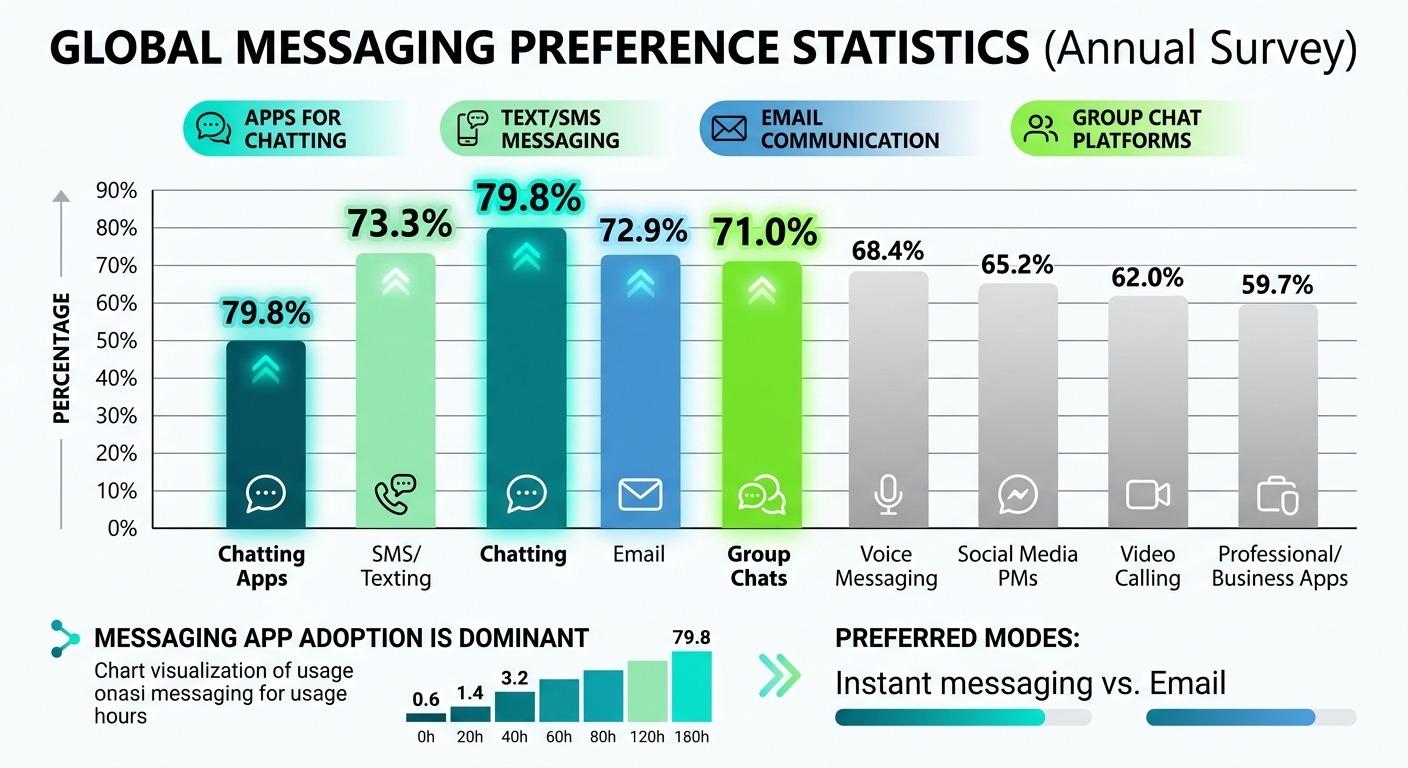 Stats and data visualization showing messaging preference statistics, bar chart with 73.3%, 79.8%, 71.0%, 72.9% highlighted, clean white background, professional infographic style, NO purple, NO violet