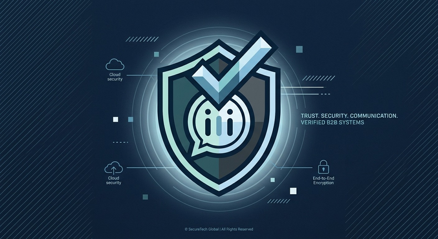 Trust and security concept, minimalist illustration of verified checkmark shield with chat bubble, dark navy color scheme, clean lines, professional B2B style, NO purple, NO violet