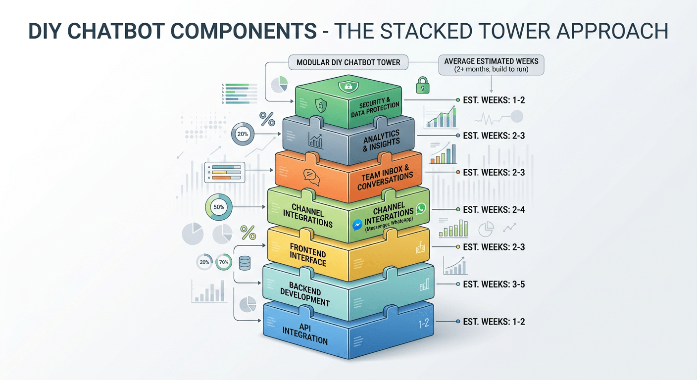 Stats and Data visualization style, a clean infographic showing DIY chatbot components as building b