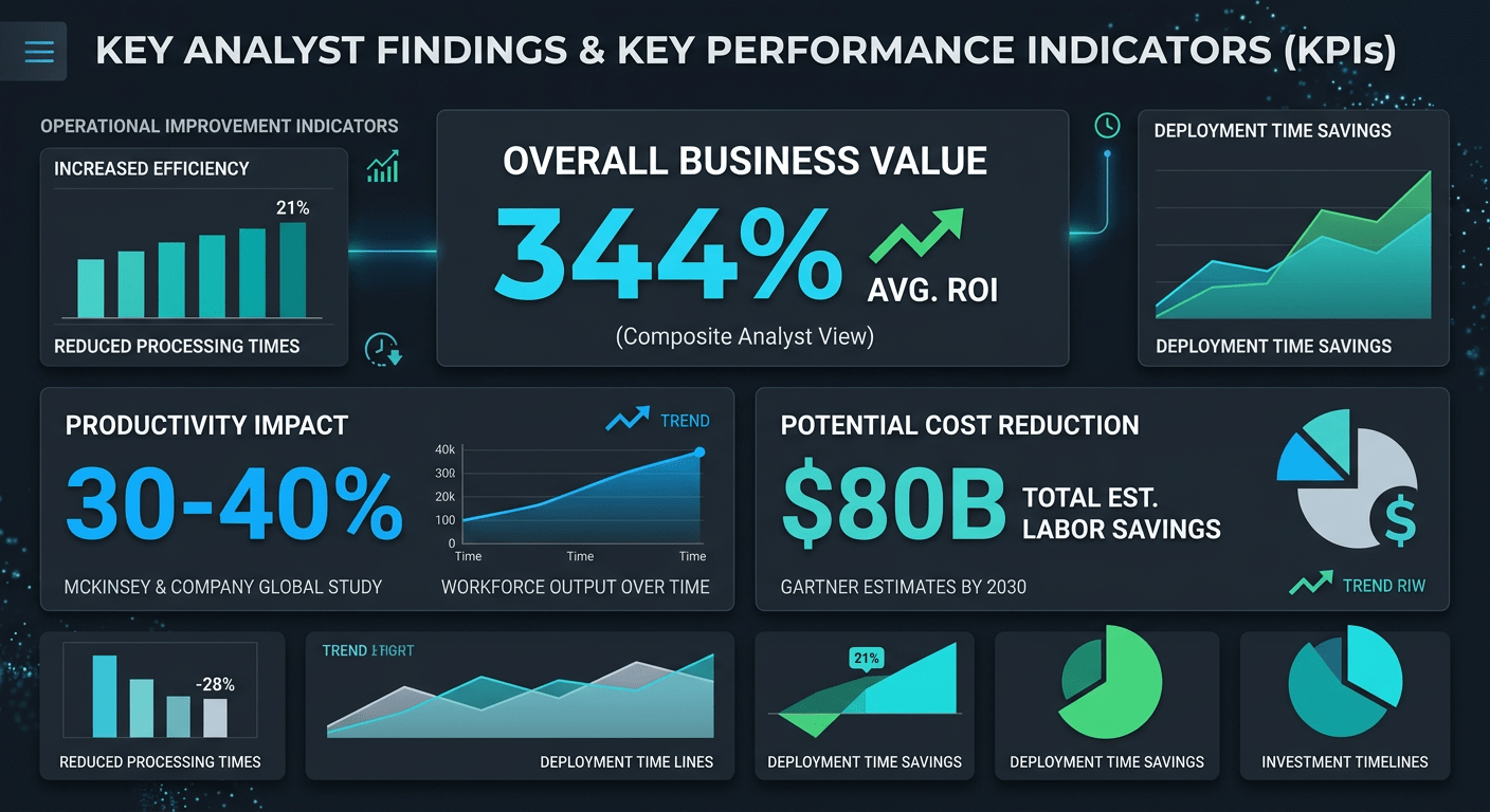 Stats & Data style. Clean dashboard-style layout showing key analyst stats. McKinsey 30-40% productivity gain, Gartner $80B labor savings, 344% average ROI. Bold numbers, dark background, professional data visualization. NO purple, NO violet