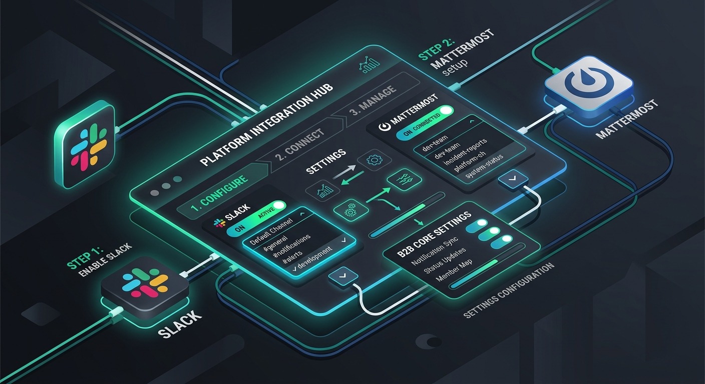 3D Isometric B2B illustration showing setup flow with dashboard settings panel connected to Slack and Mattermost icons with toggle switches and channel selection dropdown, clean modern style dark background, professional, NO purple NO violet