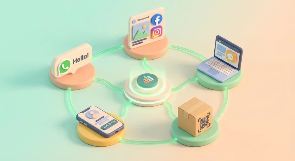 Five WhatsApp lead generation entry points connected to a central hub