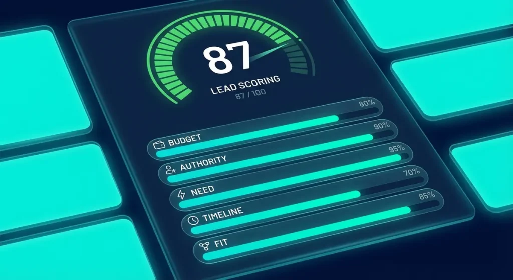 AI lead scoring dashboard with BANT qualification progress bars