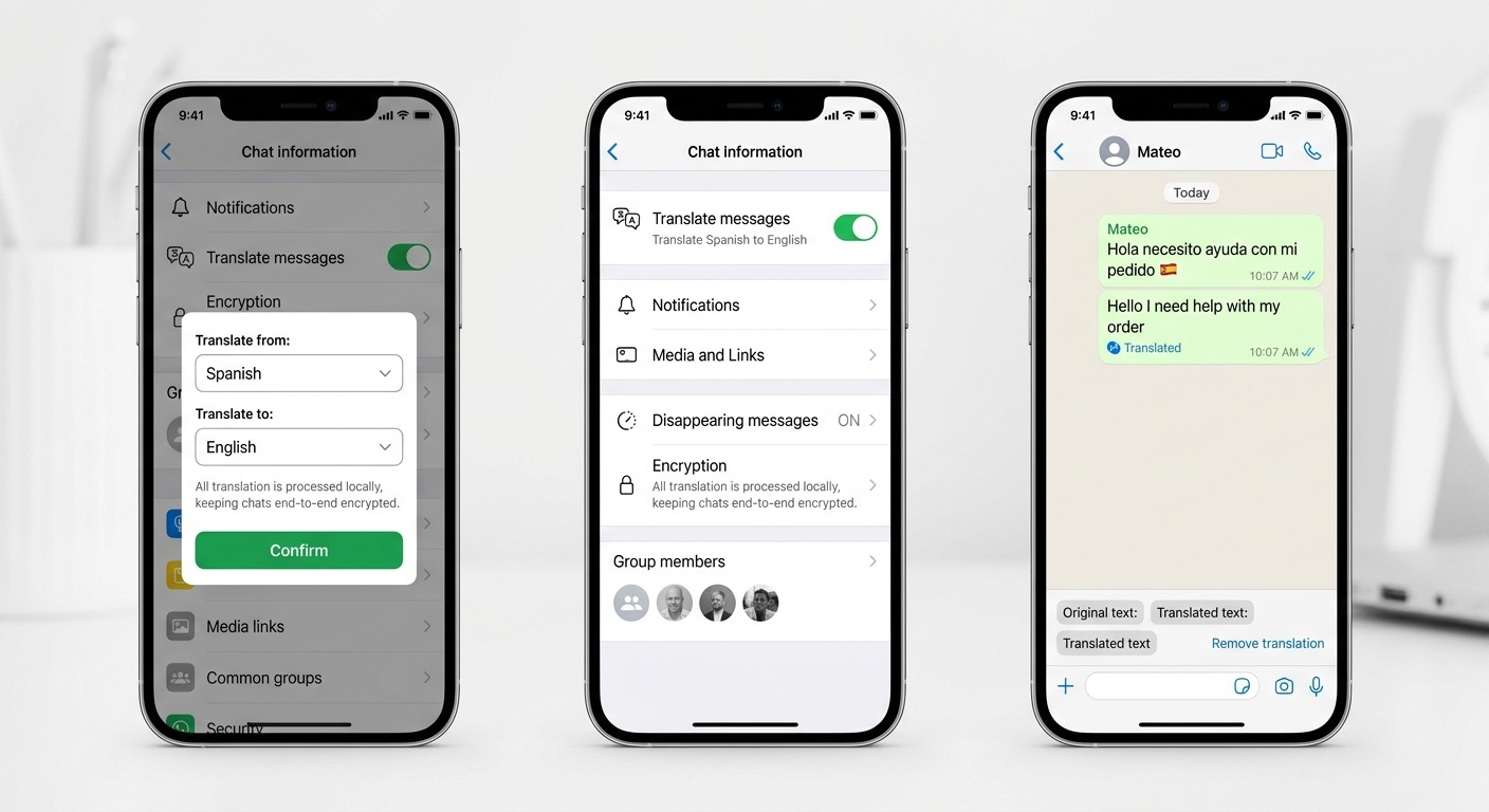 Professional three-panel iPhone mockup showing WhatsApp automatic message translation feature. LEFT panel shows chat info screen with Translate messages toggle switched ON in green, a Translation options popup with Translate from Spanish and Translate to English dropdowns, privacy notice about end-to-end encryption, and green Confirm button. MIDDLE panel shows configured state with Translate messages subtitle reading Translate Spanish to English, toggle ON, other settings like Notifications Chat theme Disappearing messages visible. RIGHT panel shows chat conversation with Spanish message Hola necesito ayuda con mi pedido automatically translated to English Hello I need help with my order with Translated label and timestamp, bottom panel showing original and translated text side by side with Remove translation option. WhatsApp green color scheme, realistic iPhone UI, clean white backgrounds, professional tech blog style, NO purple NO violet