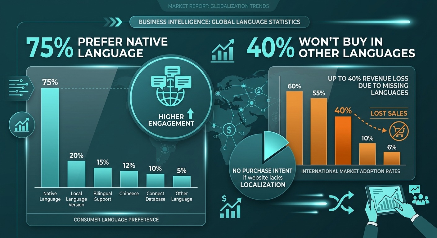 Stats and Data style infographic showing "75% prefer native language" and "40% won't buy in other languages" with clean bar charts and icons, professional dark background, orange and teal data visualization, modern B2B aesthetic, NO purple NO violet