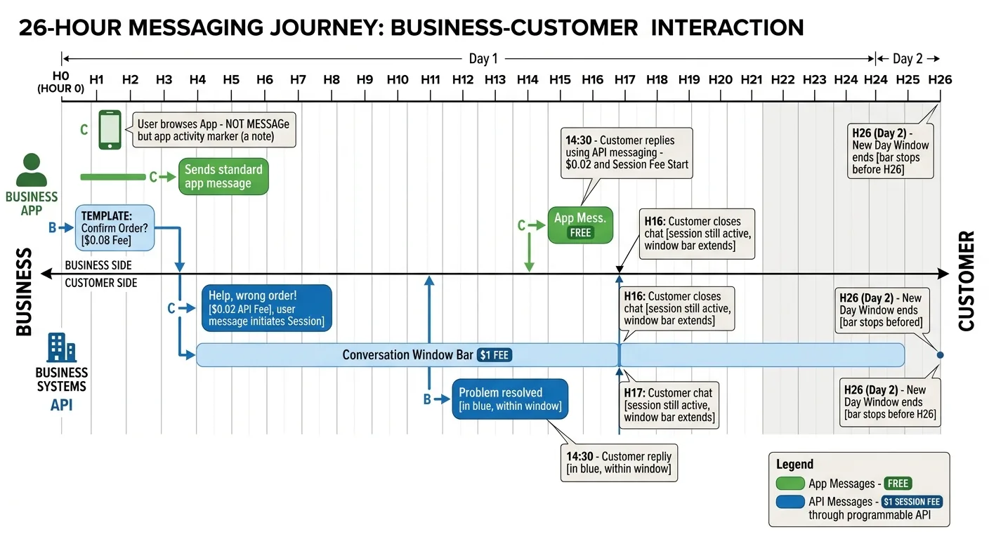 WhatsApp Coexistence Timeline - App vs API Message Pricing Over 26 Hours - ChatMaxima