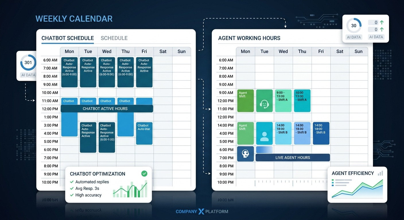 Clean Product style B2B illustration showing a weekly calendar schedule grid with time slots highlighted for chatbot active hours and agent hours side by side, dark background with white UI cards floating straight NO tilt NO rotation, professional B2B, NO purple NO violet