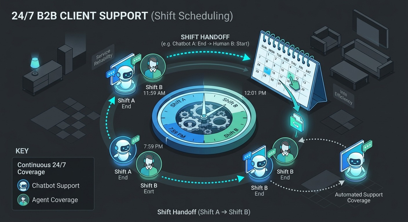 3D Isometric B2B illustration showing a clock and calendar with chatbot and human agent icons taking turns in a shift handoff pattern, clean modern style dark background, professional, NO purple NO violet