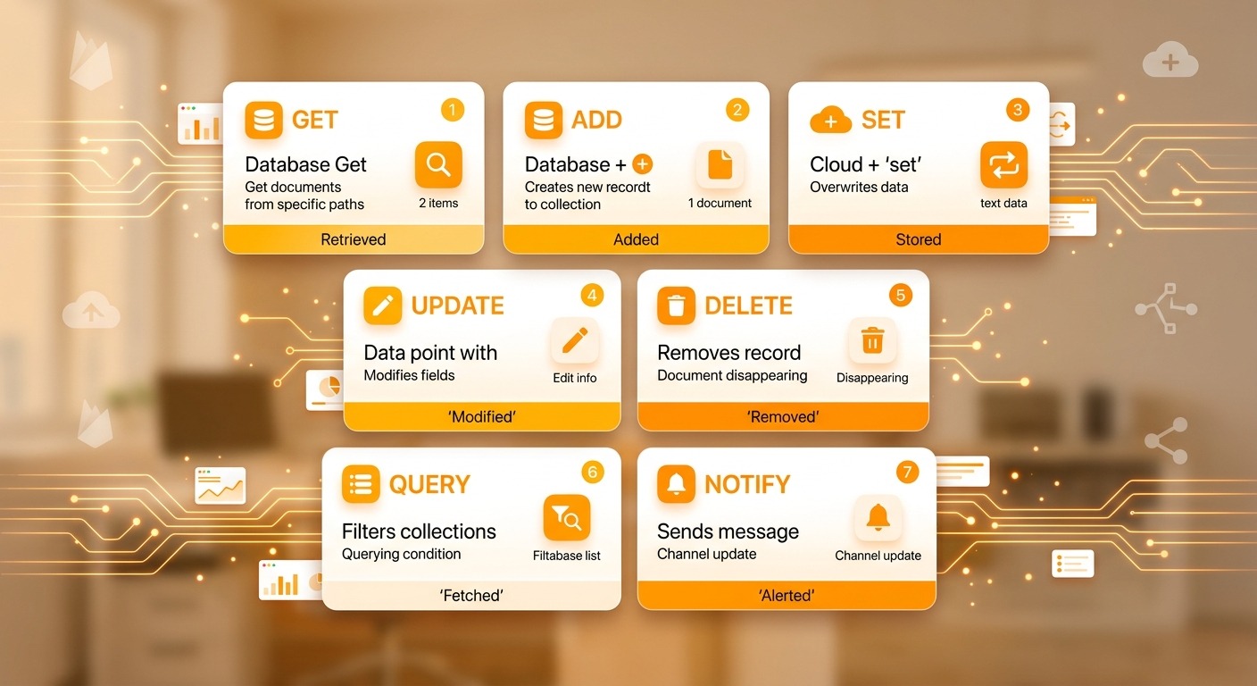 Clean product style illustration showing 7 feature tiles in a 3x3 grid labelled with each Firebase operation (Get, Add, Set, Update, Delete, Query, Notify), Firebase orange/amber accent color, professional B2B aesthetic, Cards floating straight NO tilt NO rotation, NO purple, NO violet