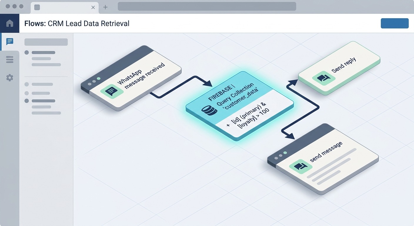 3D isometric style illustration of a visual flow builder canvas, showing three connected blocks (WhatsApp message received, Firebase query document, Send reply), with the Firebase block highlighted in orange/amber, professional B2B aesthetic, Cards floating straight NO tilt NO rotation, NO purple, NO violet