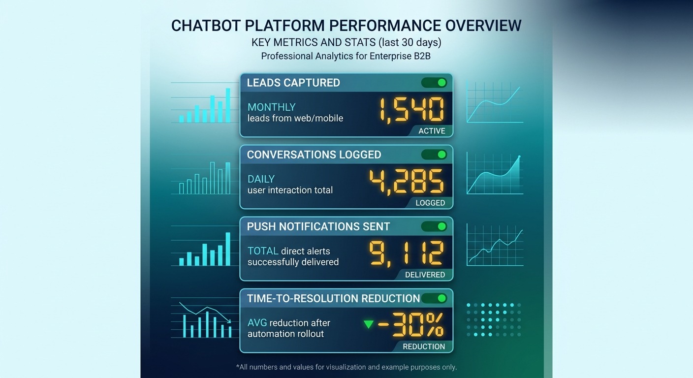 Stats & data style infographic showing four key chatbot metrics with large numbers - leads captured, conversations logged, push notifications sent, time-to-resolution reduction - Firebase orange/amber accent color, professional B2B aesthetic, Cards floating straight NO tilt NO rotation, NO purple, NO violet