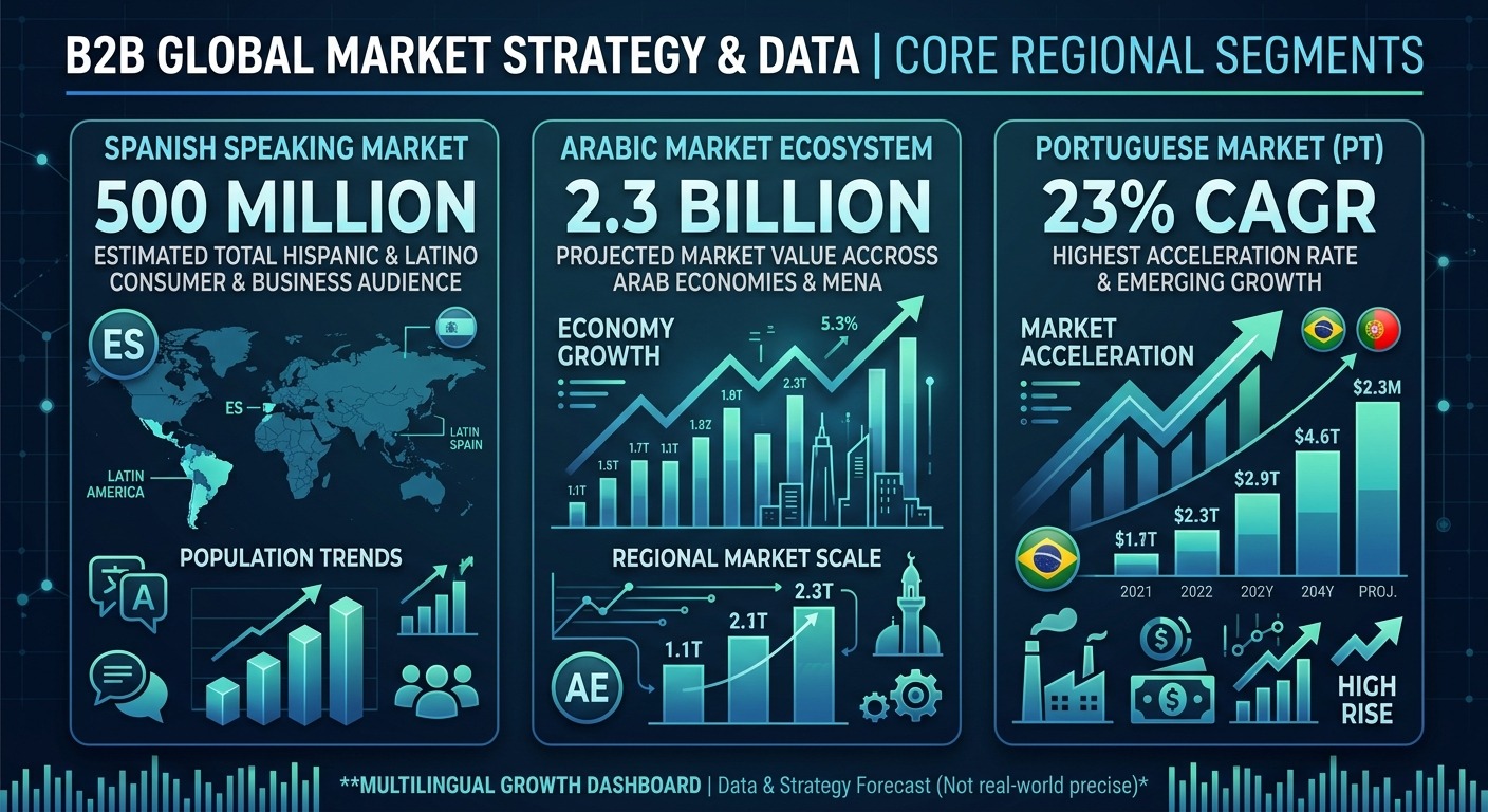 Stats and Data B2B style infographic showing three market regions Spanish 500M speakers Arabic 2.3B market Portuguese 23 percent CAGR with clean bar charts and data visualization, dark professional background, NO purple NO violet