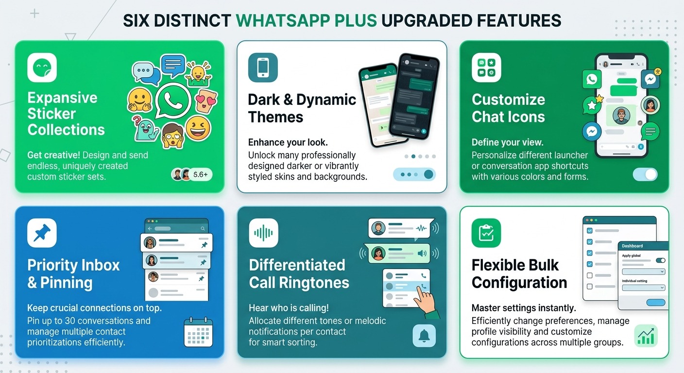 Clean product style illustration showing six feature cards in a 2x3 grid, each representing a WhatsApp Plus feature (stickers, themes, icons, pinning, ringtones, bulk config), WhatsApp green accent color, professional B2B aesthetic, Cards floating straight NO tilt NO rotation, NO purple, NO violet