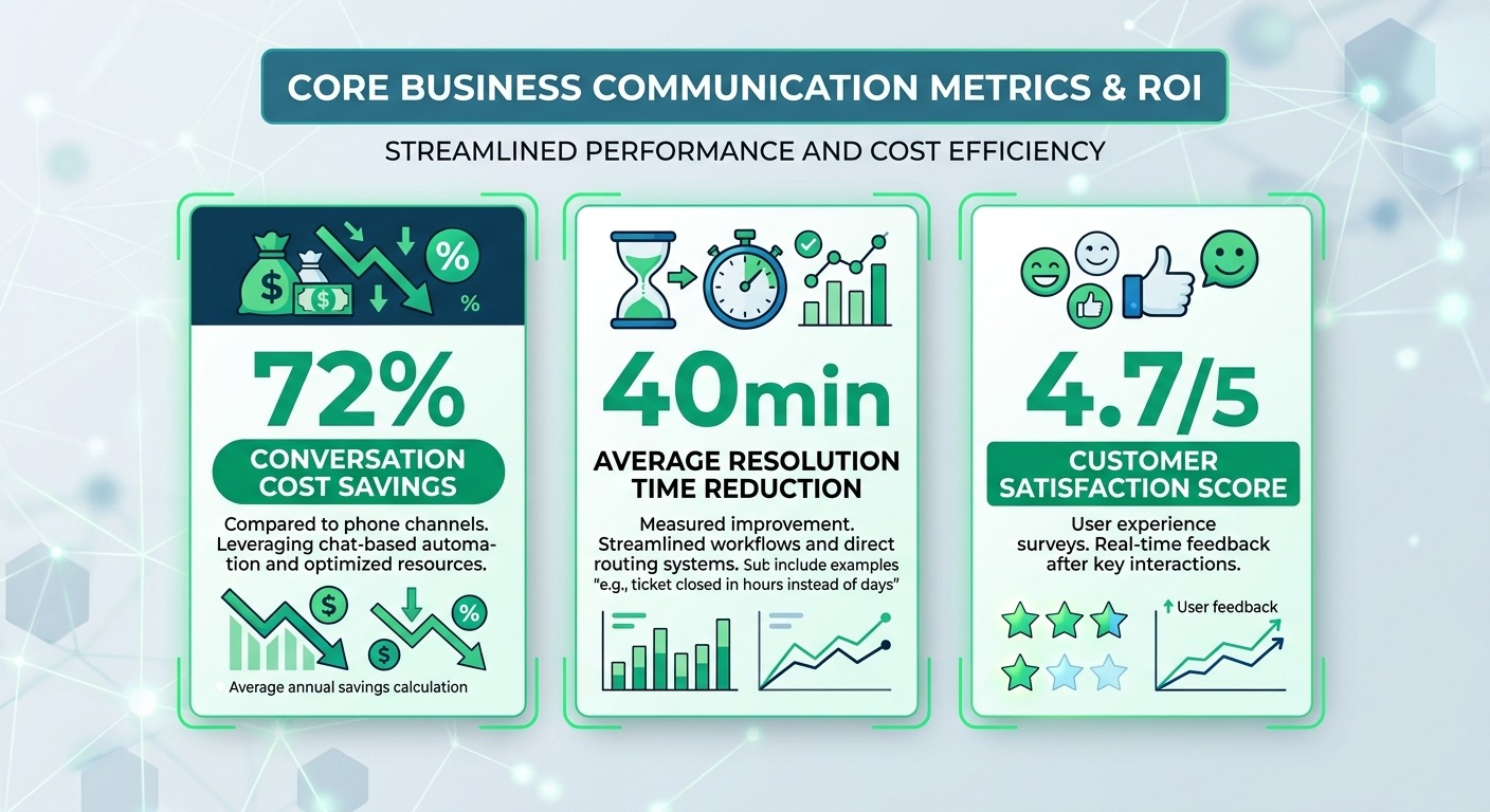 Stats & data style infographic showing three key business metrics with large numbers - conversation cost savings percentage, average resolution time reduction, and customer satisfaction score, WhatsApp green accent, professional B2B aesthetic, Cards floating straight NO tilt NO rotation, NO purple, NO violet