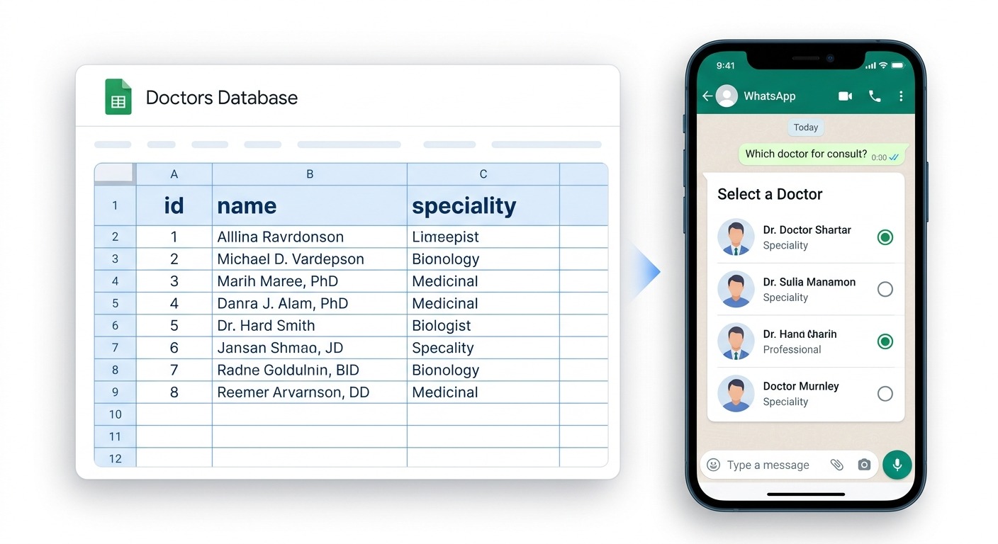 Clean Product style, side-by-side comparison showing a Google Sheets spreadsheet with columns "id", "name", "speciality" feeding into a WhatsApp phone mockup with a list of doctors as radio buttons, soft drop shadow, white background, professional B2B aesthetic, modern UI, NO purple, NO violet