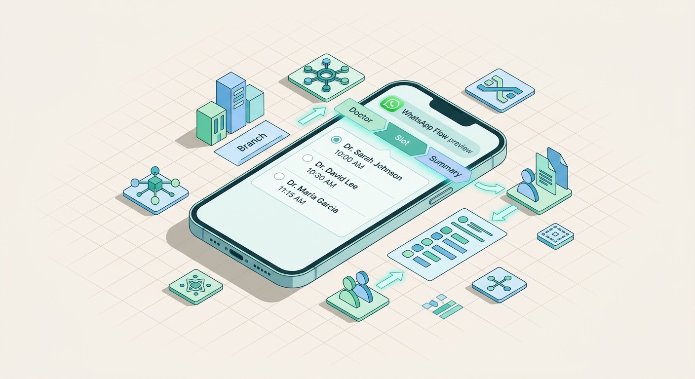 3D Isometric style, a smartphone showing a WhatsApp Flow preview screen with radio button list, with tabs at the top labeled "Branch", "Doctor", "Slot", "Summary", small glowing arrows showing the flow walk between tabs, clean shadow, professional B2B aesthetic, light background, NO purple, NO violet