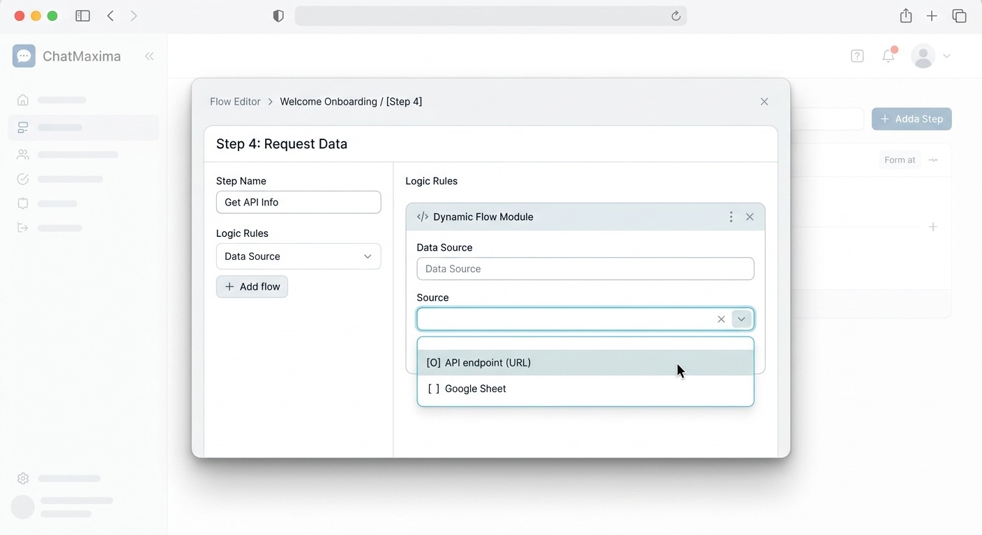 Minimalist style, screenshot mockup of the ChatMaxima Dynamic Flow step editor with the new Source dropdown expanded showing "API endpoint (URL)" and "Google Sheet" options, clean white background with subtle drop shadow, modern SaaS UI, soft sans-serif typography, NO purple, NO violet