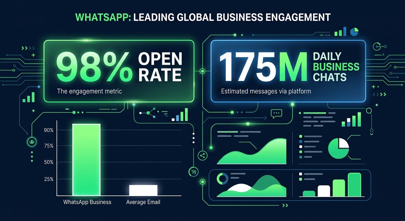 Stats & Data visual style. Dark navy background with bright green and white infographic elements. Large glowing stat cards reading "98% Open Rate" and "175M Daily Business Chats". A bar chart comparing WhatsApp versus email open rates with the WhatsApp bar dramatically taller. Clean data visualization, modern and professional. Cards floating straight NO tilt NO rotation. NO purple, NO violet.