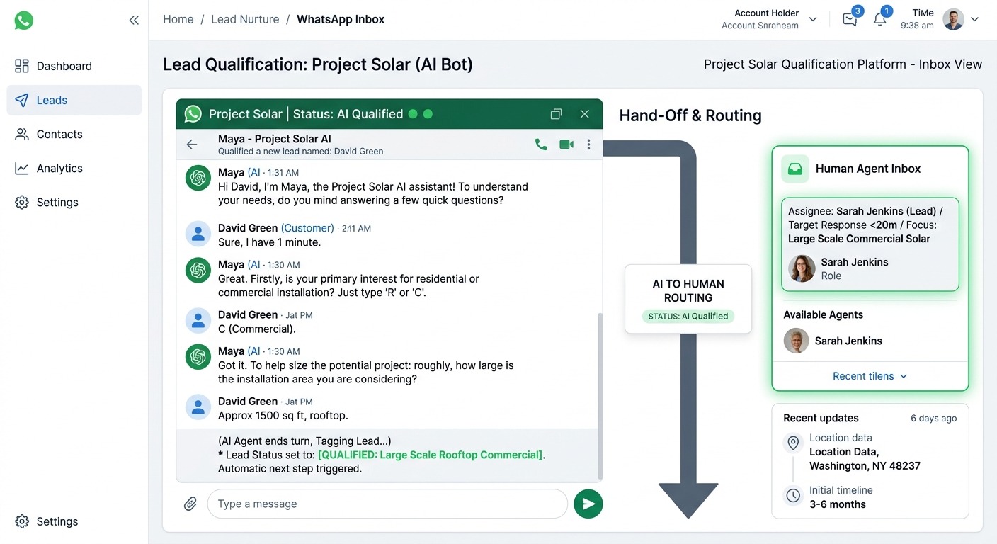 Clean product UI style showing a WhatsApp conversation where an AI agent qualifies a lead with short questions and tags the lead as "Qualified", with a routing arrow to a human agent panel, WhatsApp green accents, modern B2B SaaS dashboard aesthetic, NO purple, NO violet
