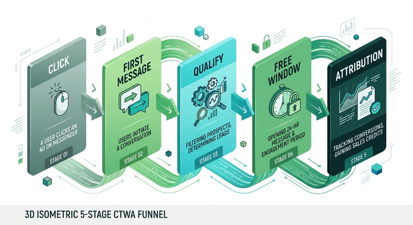 3D isometric style infographic showing a 5-stage CTWA funnel flowing left to right: "Click", "First Message", "Qualify", "Free Window", "Attribution", clean modern B2B design, green and dark accents, labeled stages with simple icons, Cards floating straight NO tilt NO rotation, NO purple, NO violet