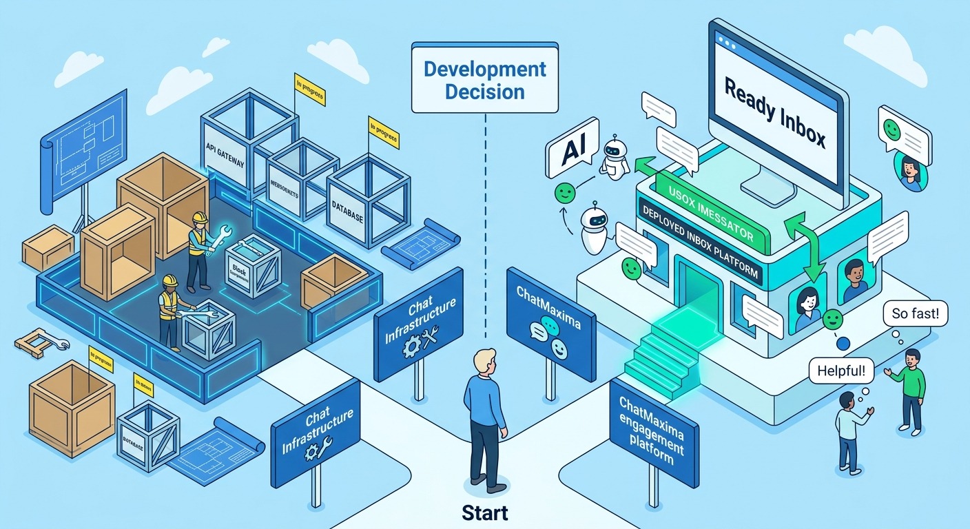 3D isometric style illustration showing two paths, left path "Chat infrastructure" leading to building blocks a developer assembles, right path "ChatMaxima engagement platform" leading to a ready inbox with AI bot and agents, orange and dark accents, Cards floating straight NO tilt NO rotation, NO purple, NO violet