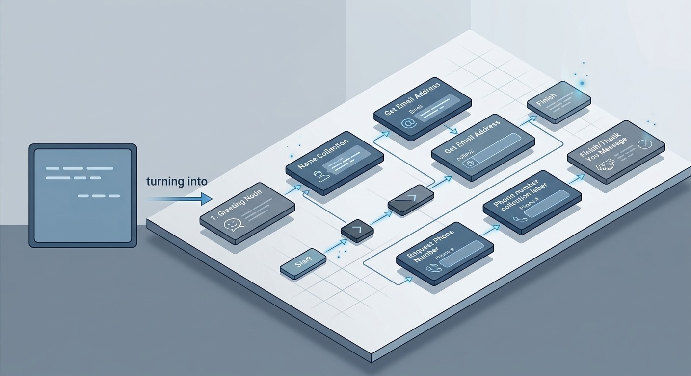 3D isometric illustration of a chat prompt turning into a finished chatbot flow with connected nodes for greeting, name, email, phone, and thank you, orange and slate palette, clean B2B style, straight cards, Cards floating straight NO tilt NO rotation, NO purple, NO violet