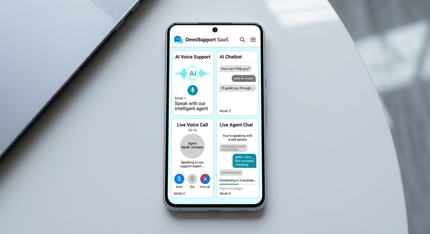 Clean product UI style, a single smartphone showing four stacked support modes inside one app: voice AI waveform, text chatbot bubbles, live voice call screen, and live agent chat, modern B2B SaaS aesthetic, orange and dark accents, labeled clearly, NO purple, NO violet