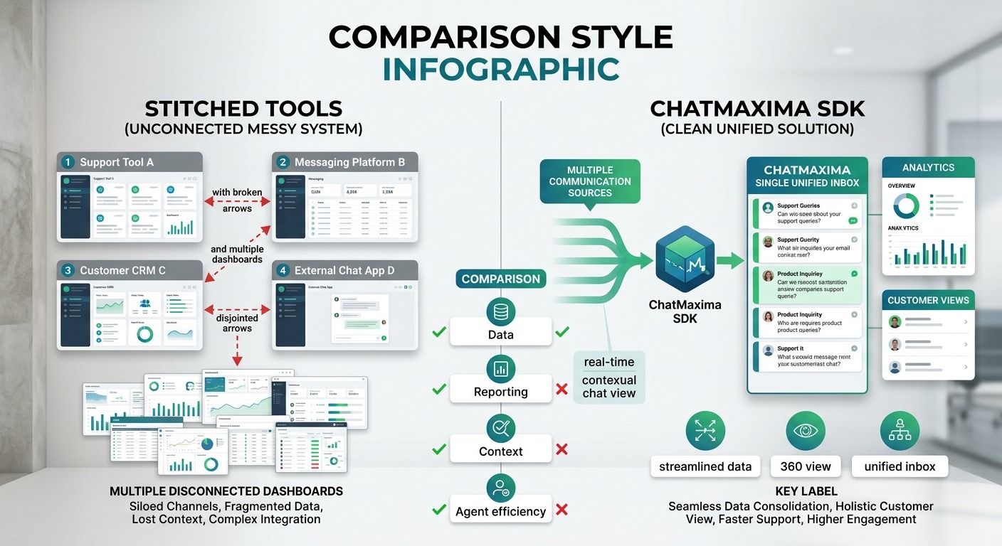 Comparison style infographic, left side "Stitched tools" showing four disconnected boxes with broken arrows and multiple dashboards, right side "ChatMaxima SDK" showing one clean unified flow into a single inbox, modern B2B design, orange and dark accents, Cards floating straight NO tilt NO rotation, NO purple, NO violet
