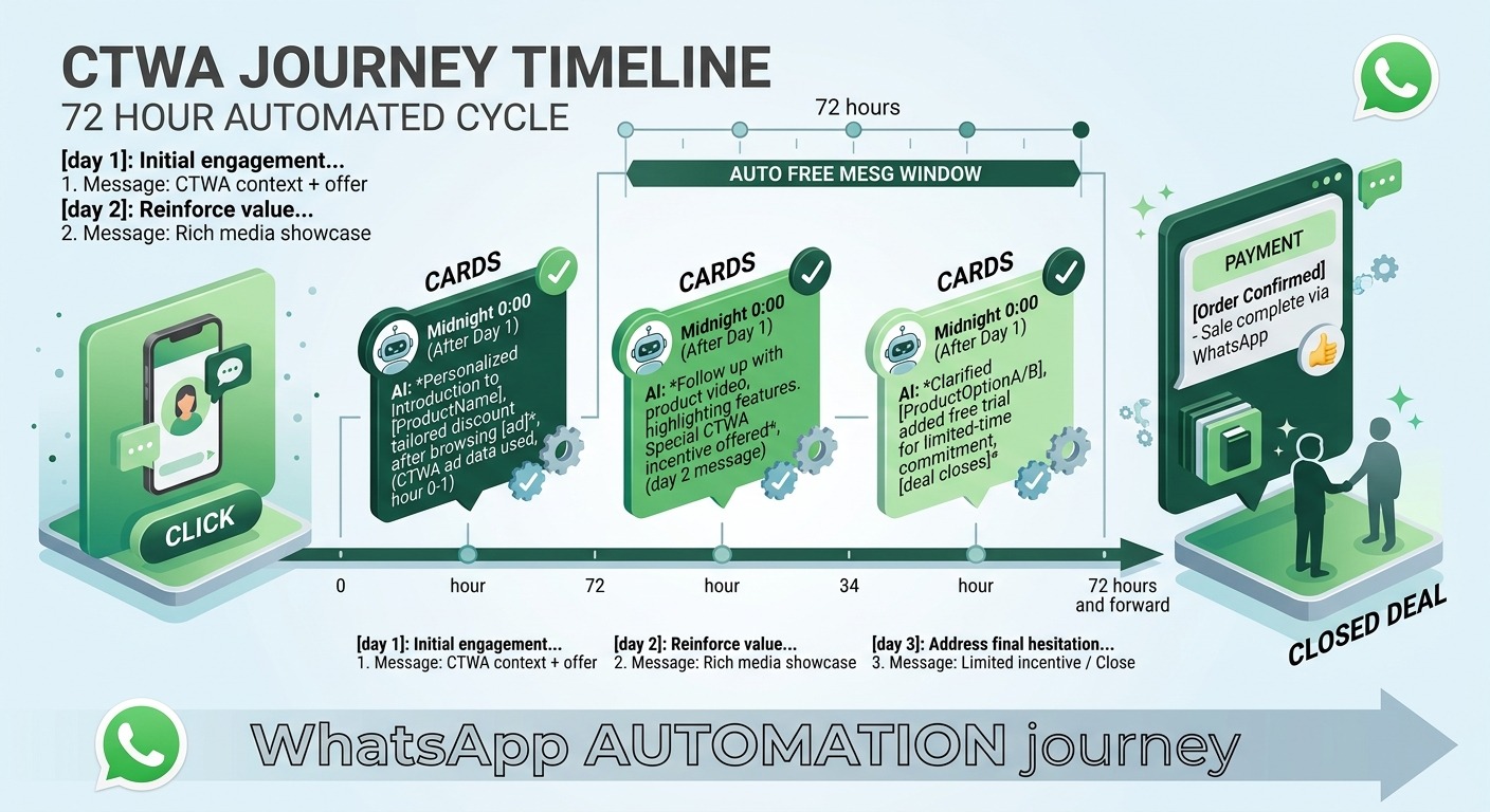 3D isometric style timeline showing a 72-hour window after a CTWA click, with an AI agent sending automated free messages at midnight, day 1, day 2, and day 3, leading to a closed deal, WhatsApp green and dark accents, Cards floating straight NO tilt NO rotation, NO purple, NO violet