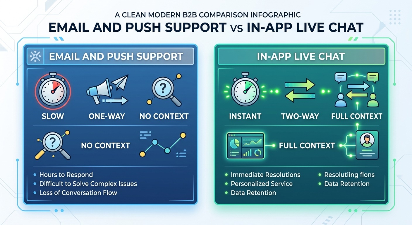 Comparison style infographic contrasting "Email and push support" (slow, one-way, no context) against "In-app live chat" (instant, two-way, full context), orange and dark accents, clean modern B2B design, Cards floating straight NO tilt NO rotation, NO purple, NO violet