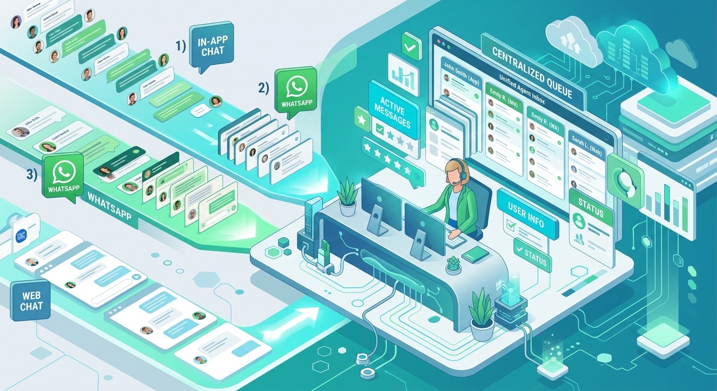 3D isometric style illustration showing in-app chat, WhatsApp, and web conversations all flowing into one unified agent inbox, a single agent handling them together, orange and dark accents, Cards floating straight NO tilt NO rotation, NO purple, NO violet