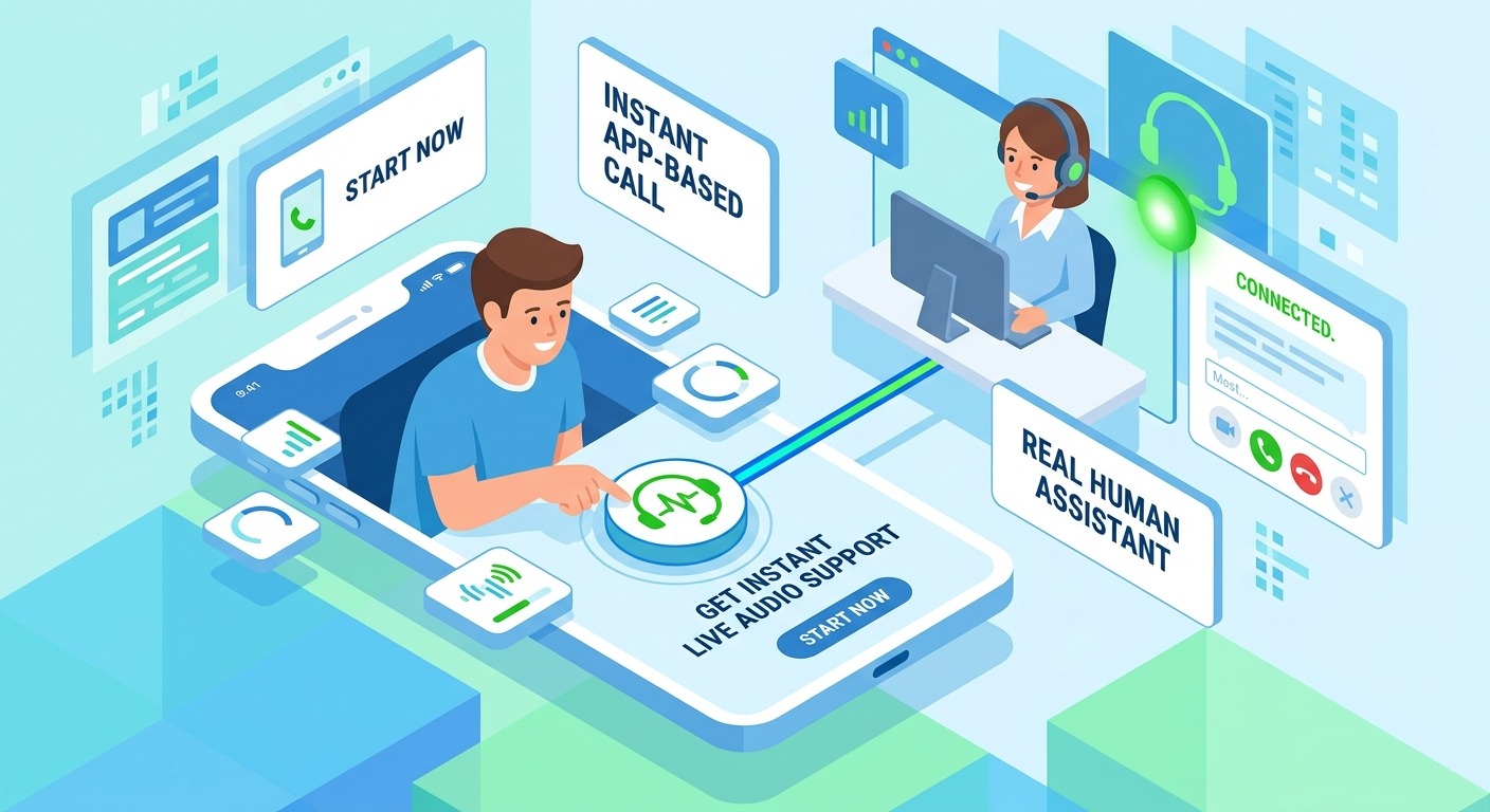 3D isometric style illustration of a customer tapping a call button inside an app and connecting instantly to a friendly support agent, a clean audio connection line between them, no phone or dialer involved, orange and dark accents, Cards floating straight NO tilt NO rotation, NO purple, NO violet