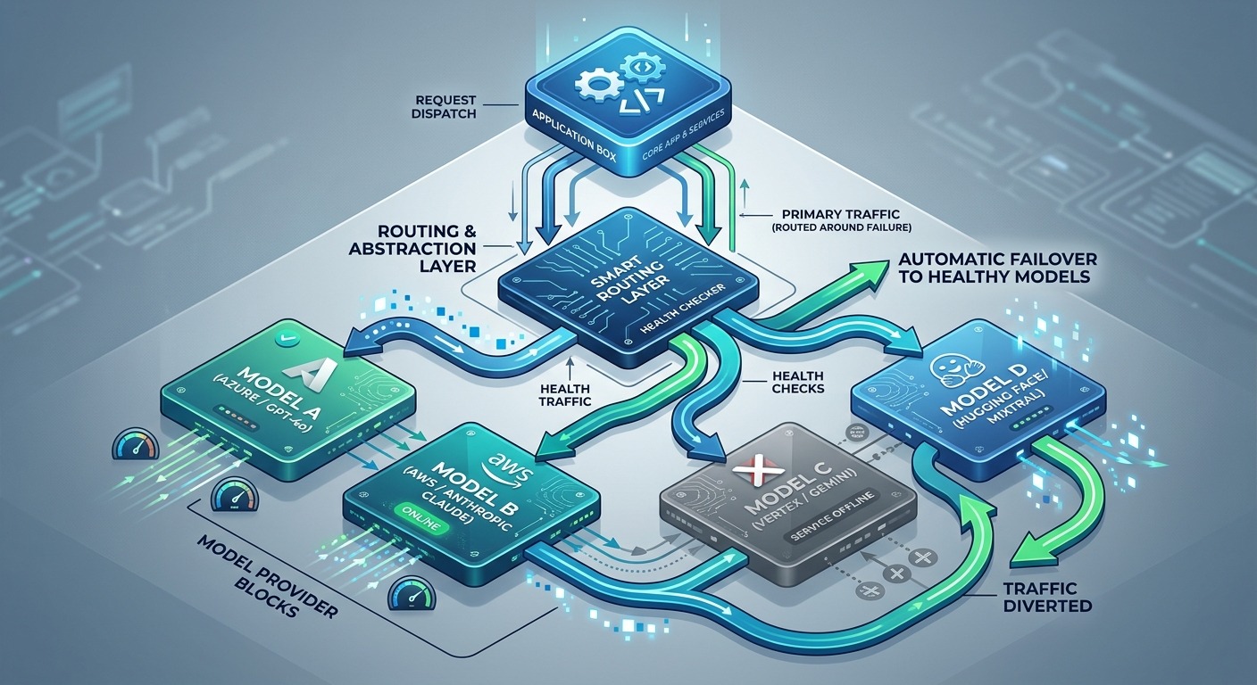 Clean 3D isometric diagram showing an application box at the top connected down through a single routing and abstraction layer, which fans out to four separate model provider blocks, one of them greyed out and offline while traffic reroutes through the others, labeled arrows showing automatic failover, modern professional B2B style, clean lines, NO purple, NO violet
