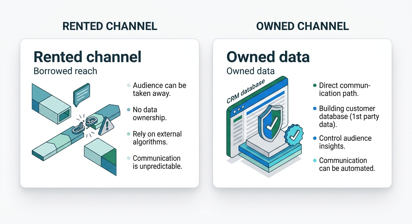 3D isometric comparison, "Rented channel vs owned channel" two straight cards floating zero tilt no rotation, left card labeled "Borrowed reach" shows a channel with a broken chain link and a warning triangle, right card labeled "Owned data" shows a CRM database with a shield and verified checkmark, clean modern B2B style, orange and teal accents, white background, NO purple, NO violet