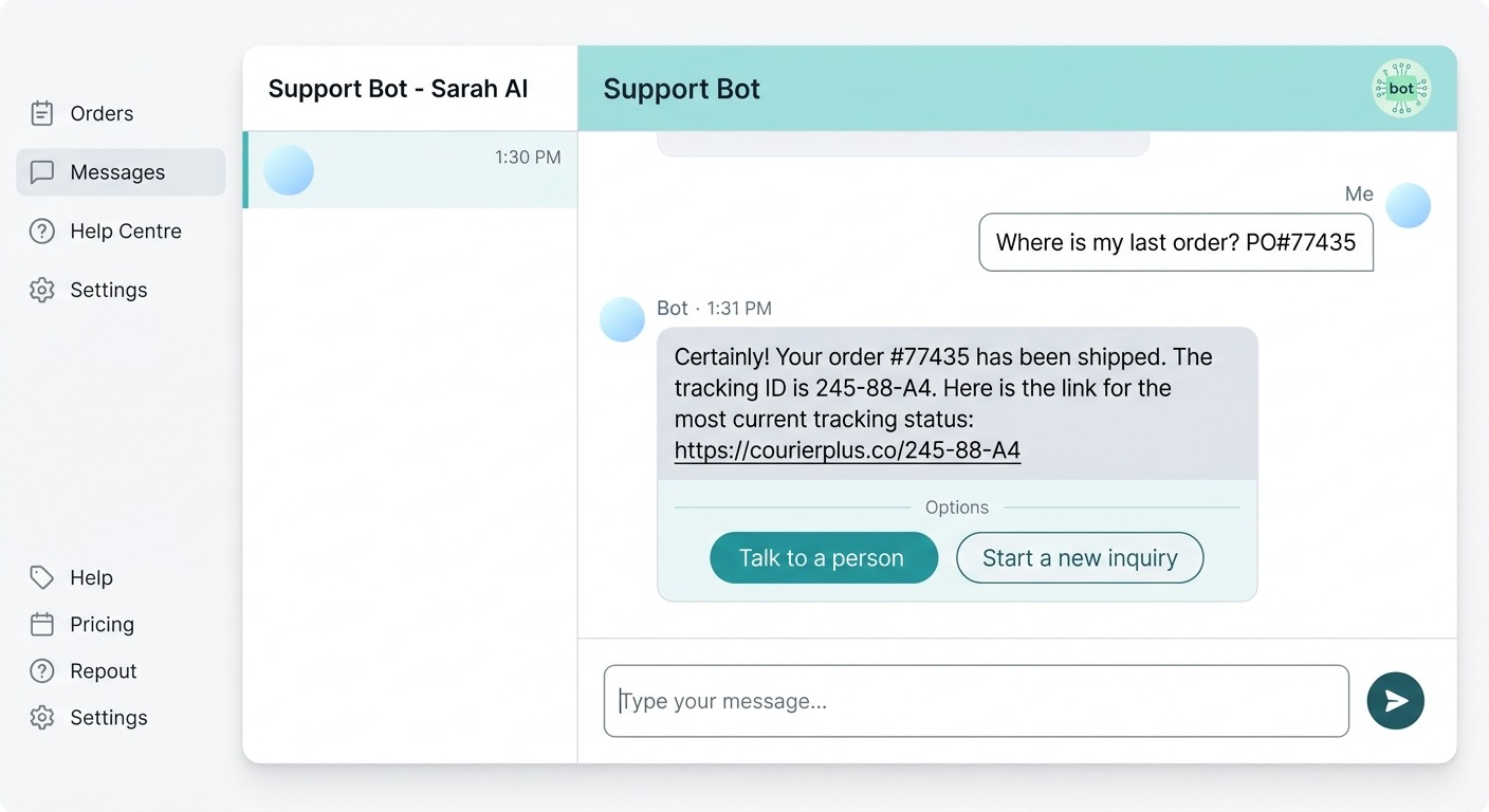 Clean product UI style showing an in-app text chat where the AI bot answers an order-status question with a tracking link, then offers "Talk to a person", modern B2B SaaS aesthetic, orange and dark accents, NO purple, NO violet