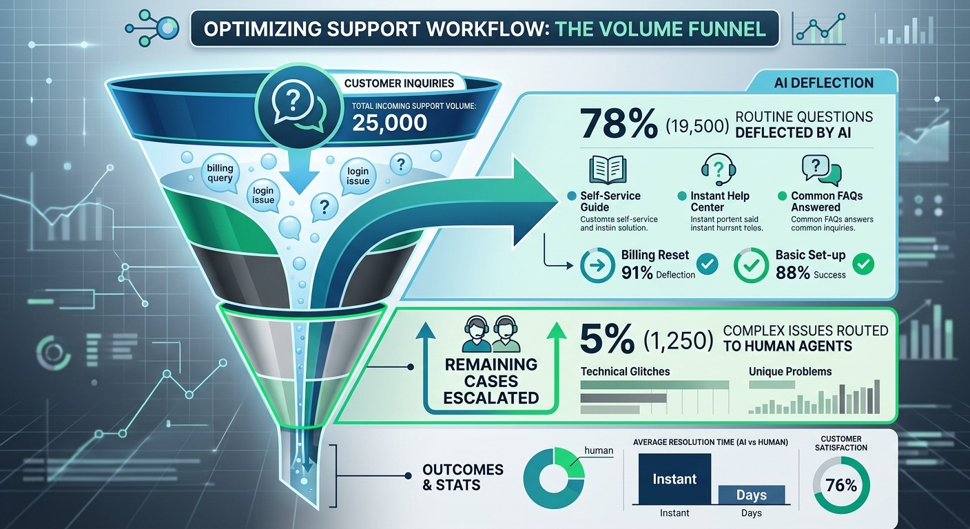 Stats and data style infographic showing a support volume funnel, a large share of routine questions deflected instantly by the AI bot and a small share escalated to human agents, orange and dark accents, clean modern B2B design, NO purple, NO violet