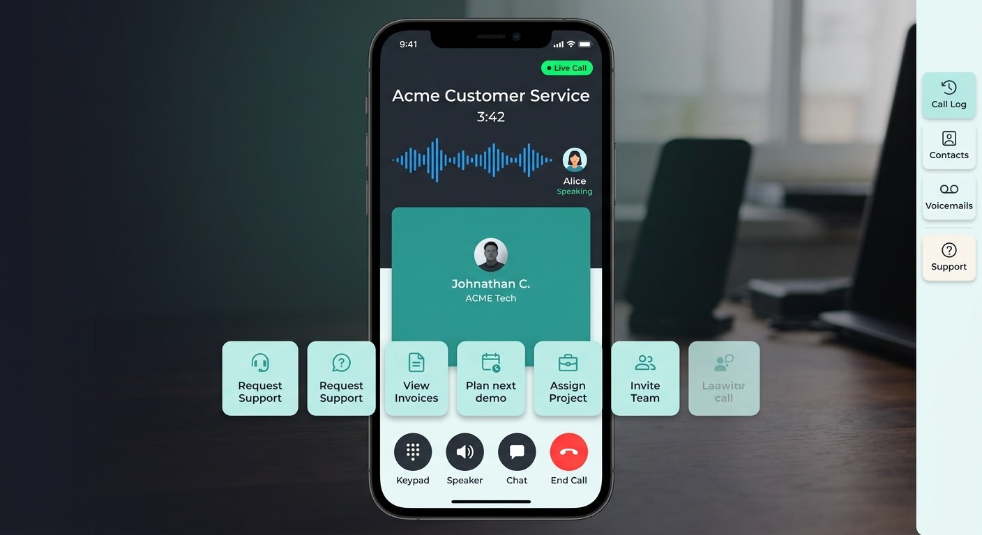 Clean product UI style showing an in-app voice call screen with a live waveform, a "speaking" indicator, and quick suggestions like "Book a table", "Check my order", "Talk to a person", modern B2B SaaS aesthetic, orange and dark accents, NO purple, NO violet