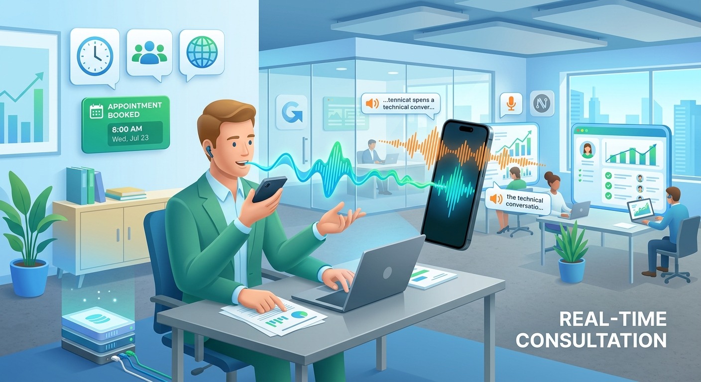 3D isometric style illustration of a person speaking to their phone while multitasking, with a voice waveform flowing into the phone and a spoken reply coming back, modern B2B aesthetic, orange and dark accents, NO purple, NO violet