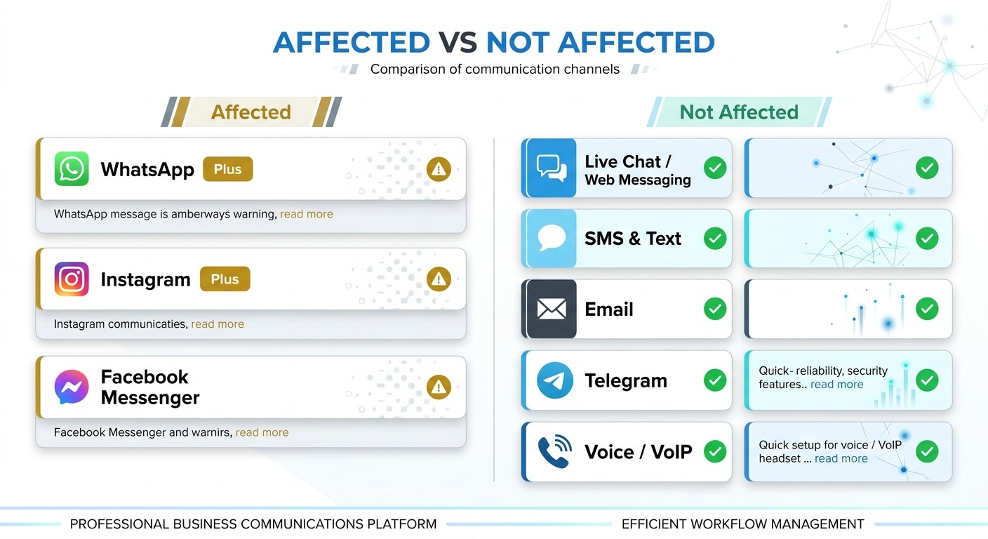 Clean Product style infographic, two-column comparison layout titled "Affected vs Not Affected", left column showing WhatsApp, Instagram and Messenger icons with amber warning badges, right column showing live chat widget, SMS, email, Telegram and voice icons with green check badges, cards floating straight NO tilt NO rotation, professional B2B aesthetic, white background, NO purple, NO violet