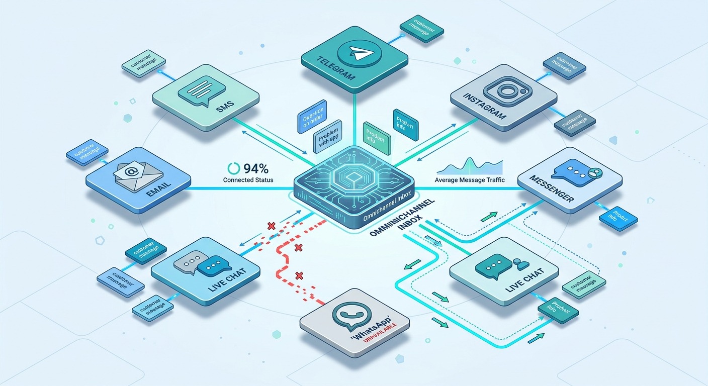 3D Isometric style illustration of a central omnichannel inbox hub connected to multiple channel nodes including WhatsApp, Instagram, Messenger, live chat, SMS, email and Telegram, one connection line shown broken with traffic rerouting through the others, modern professional B2B aesthetic, soft shadows, cards floating straight NO tilt NO rotation, NO purple, NO violet