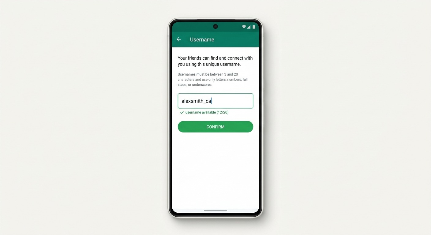 Clean product screenshot style, a smartphone showing the WhatsApp Settings then Account then Username screen with a username being typed into a field and a green confirm button, WhatsApp green and white interface, minimalist and crisp, NO purple, NO violet
