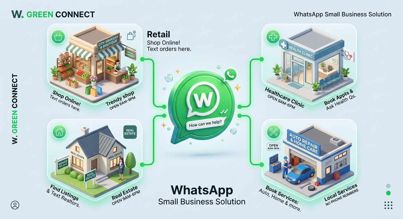 3D isometric style, four small business storefront icons for retail, healthcare clinic, real estate, and local services, each connected to a central WhatsApp chat bubble by a clean line, no phone numbers visible, WhatsApp green accents on a light background, cards floating straight NO tilt NO rotation, professional B2B, NO purple, NO violet