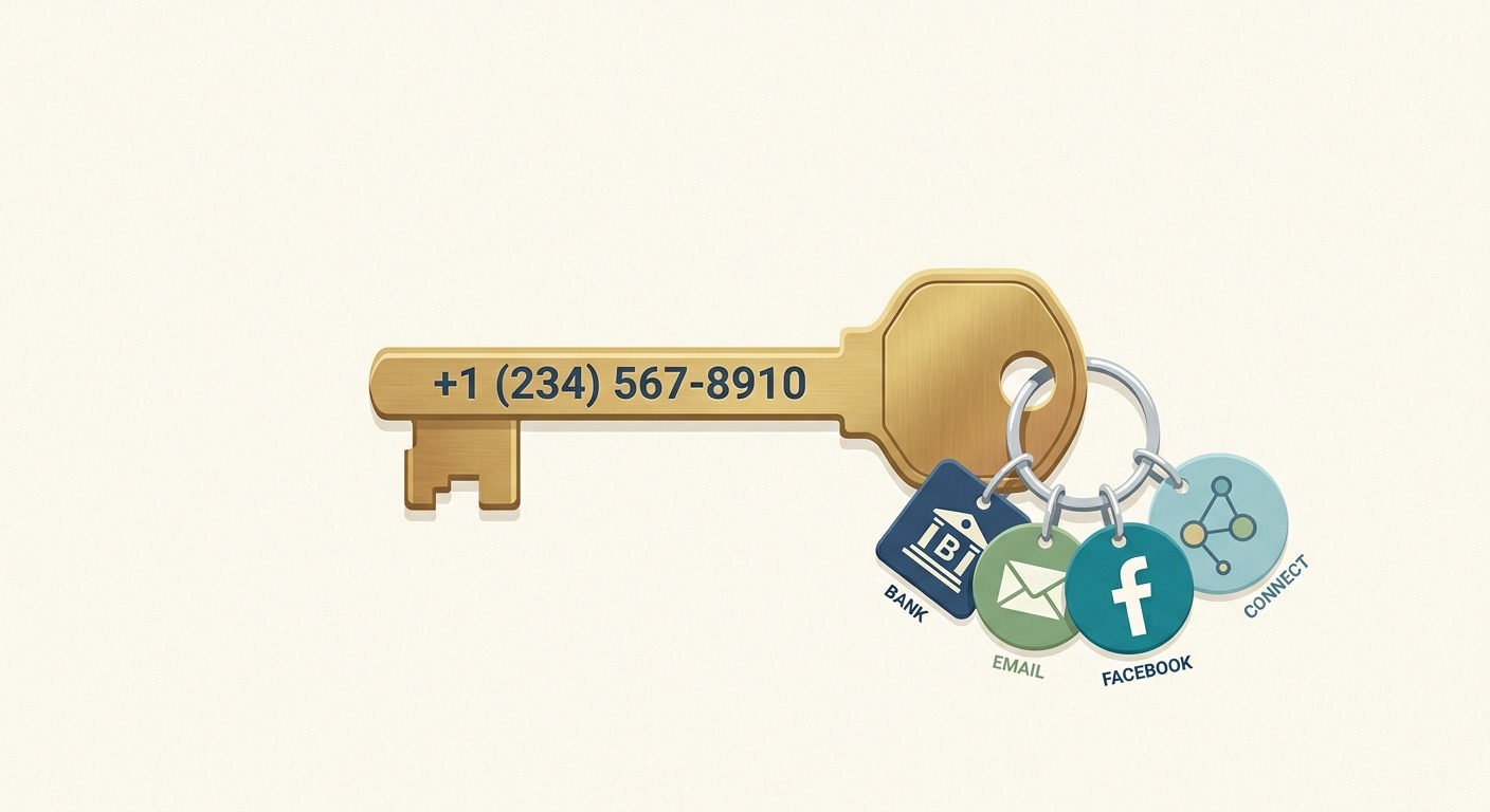 Minimalist concept illustration, a smartphone phone number shown as a literal brass key, with smaller icons for bank, email, and social apps hanging off it on a keyring, clean flat design on a light background, professional B2B style, NO purple, NO violet