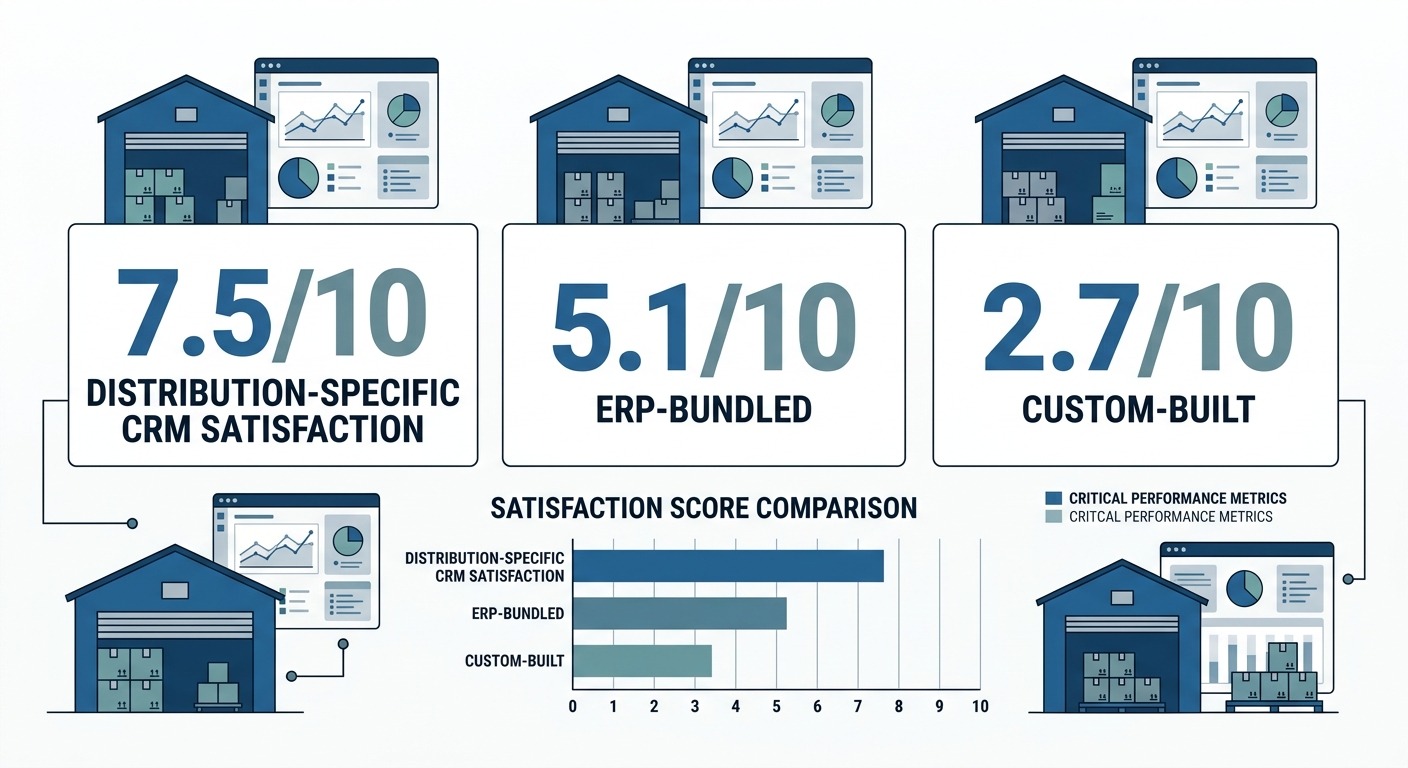 Stats & Data visual style, clean infographic on a white background with three large stat cards reading "7.5/10 distribution-specific CRM satisfaction", "5.1/10 ERP-bundled", "2.7/10 custom-built", a simple horizontal bar chart comparing the three scores, flat modern icons of a warehouse and a dashboard, cards floating straight NO tilt NO rotation, professional B2B aesthetic, NO purple, NO violet