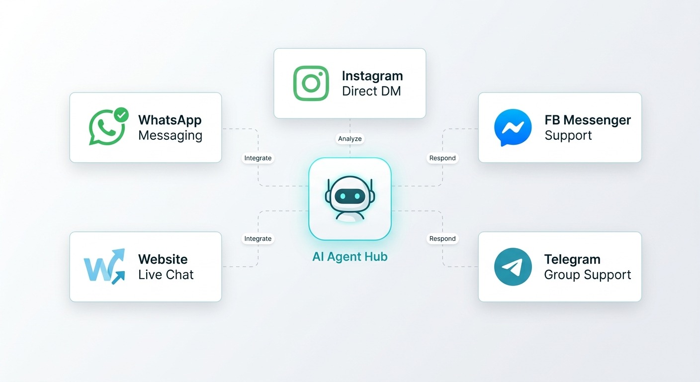 Clean Product style illustration showing one AI agent connected to multiple channel icons WhatsApp, Instagram, Facebook Messenger, website, Telegram, arranged as straight cards floating around a central hub, Cards floating straight NO tilt NO rotation, modern B2B, orange and black accents, NO purple, NO violet
