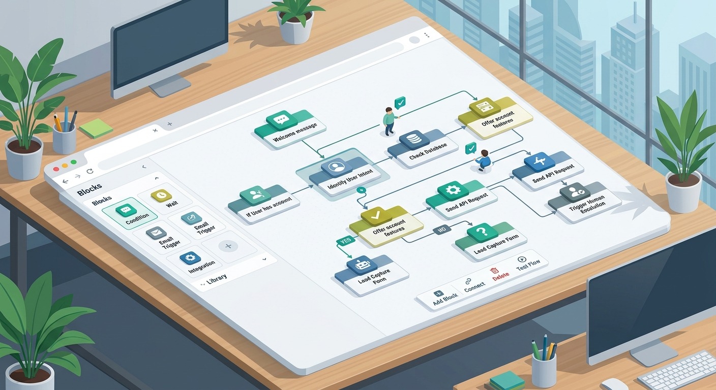 3D Isometric style illustration of a visual no-code chatbot flow builder canvas with connected nodes and branches, drag and drop blocks, clean and modern, straight cards no tilt, orange and black accents, professional B2B, NO purple, NO violet