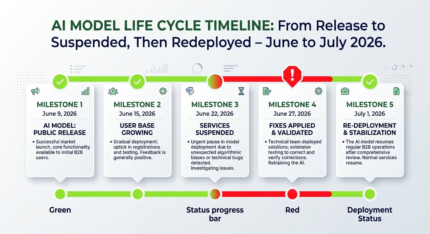 Clean B2B timeline infographic on a light background showing five dated milestones from June 9 to July 1, 2026, for an AI model going from "Released" to "Suspended" to "Redeployed", with a bold status bar changing from green to red to green, minimal flat design, orange and black accents, Cards floating straight NO tilt NO rotation, NO purple, NO violet